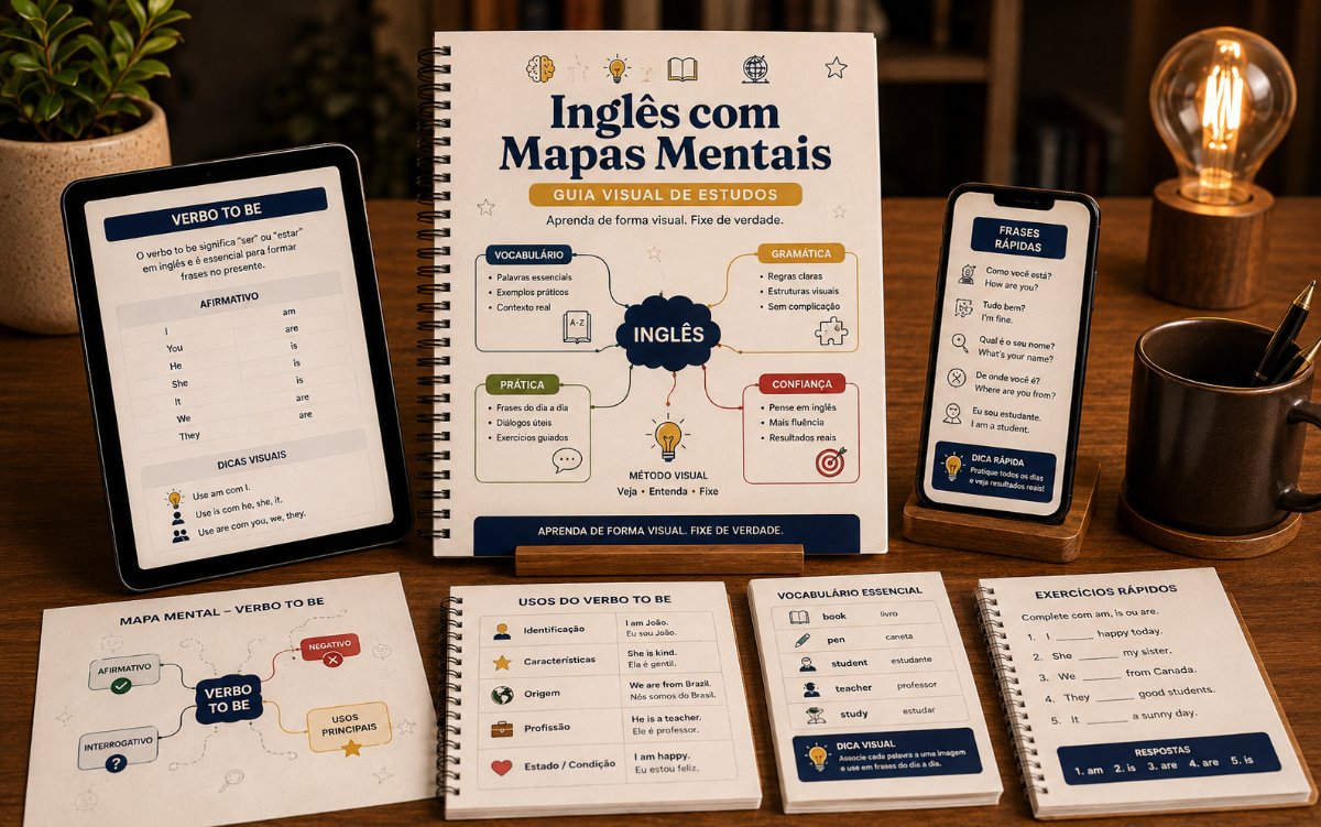 Mockup premium do produto Inglês com Mapas Mentais exibido em caderno, tablet, celular e materiais de estudo