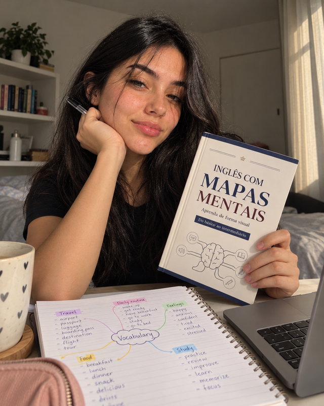 Pessoa mostrando o livro Inglês com Mapas Mentais ao lado de um caderno de vocabulário