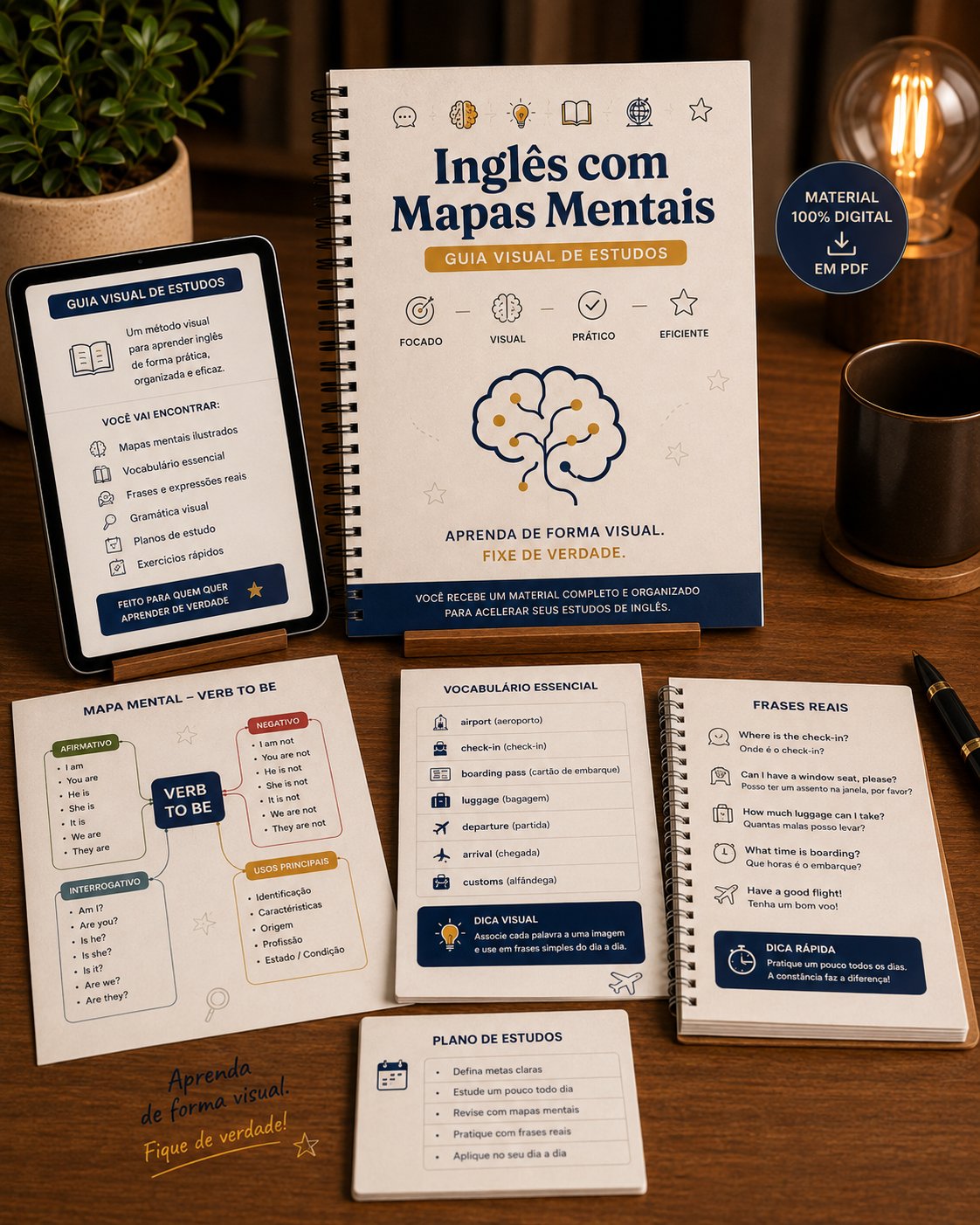 Apresentação visual do PDF Inglês com Mapas Mentais e dos materiais incluídos